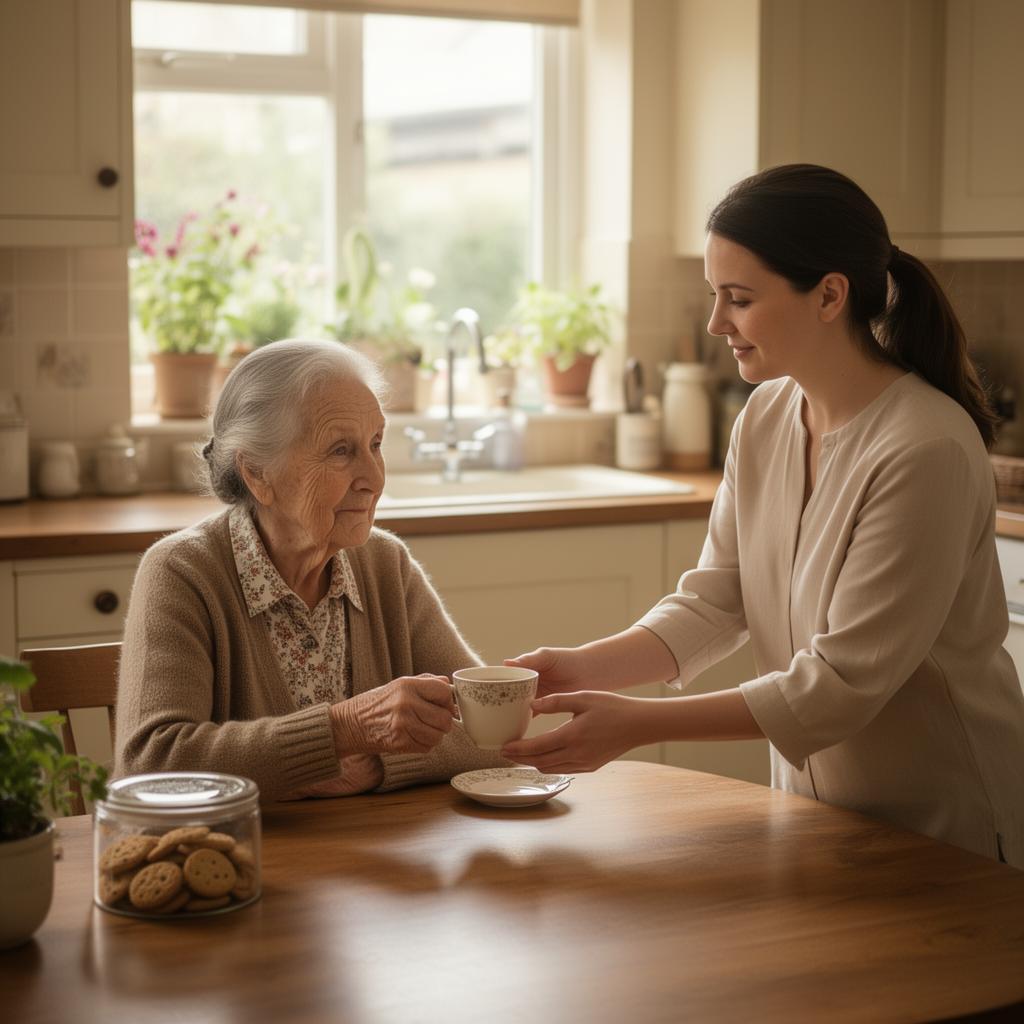 A carer and client share a cup of tea in the client's own kitchen